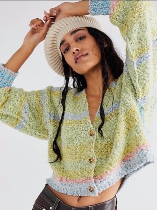 Free People Sweaters - Free People Pastel Green Multicolor Textured Button Cardigan